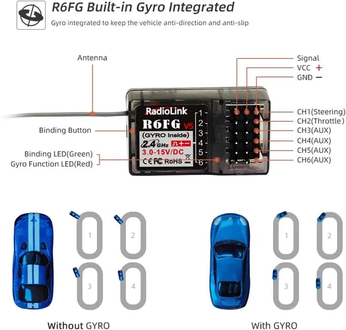 Vista 8 de Radiolink RC6GS V3 2.4G 7 canales RC Kit de controlador de radio de coche y R6FG Gyro Control remoto de largo alcance para RC Crawler Truck Drifting
