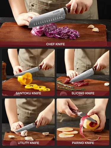 Vista 8 de FOHERE Juego de cuchillos de chef, 5 cuchillos de cocina ultra afilados con mango ergonómico de madera de Pakka roja, juego de cuchillos
