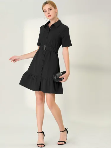 Vista 3 de Allegra K Vestido tipo camisa con botones para mujer, casual, con dobladillo recto, con volantes y cinturón