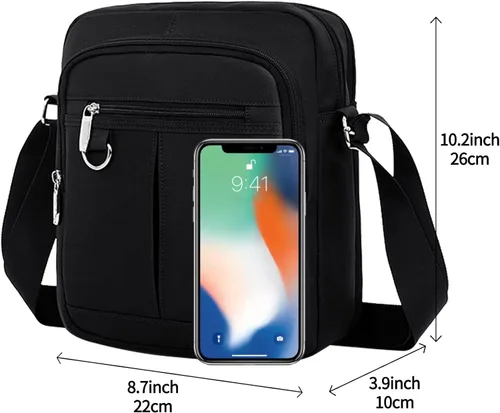 Vista 2 de Vaupan Bolso bandolera para hombre, pequeño bolso cruzado resistente al agua, bolso de hombro para viajes, escuela, trabajo, negocios (negro)