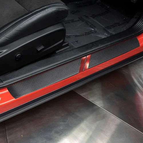 Vista 9 de LEXLEY Protector de umbral de puerta de cuero estilo fibra de carbono 3D para Dodge Challenger 2010-2023, protector de umbral de puerta antiarañazos