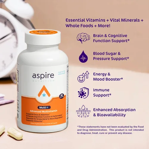Vista 3 de Multivitamínico avanzado Aspire Multi+ para hombres, mujeres y niños - El mejor suplemento para concentración, atención, memoria, estado de ánimo.