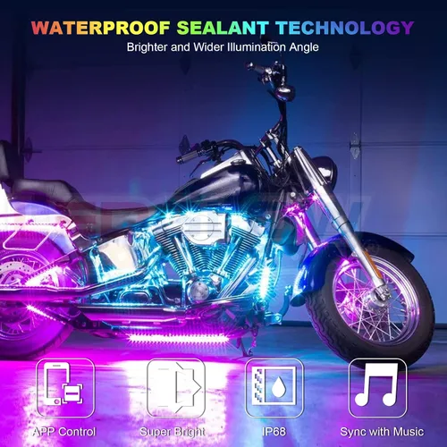 Vista 7 de Kit de 16 luces LED RGB perseguidoras para motocicleta para Harley Davidson Kawasaki Suzuki, kit impermeable de tiras de luces inferiores mágicas