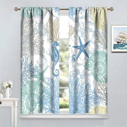 Vista 59 de Cortinas de decoración de playa con océano azul, peces náuticos costeros playeros de verano, conchas marinas, temática infantil, dormitorio, sala