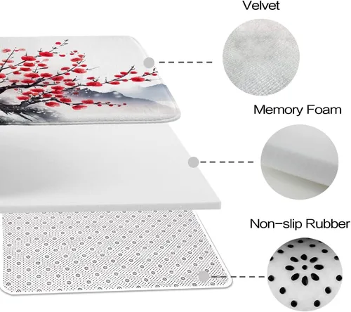 Vista 7 de Alfombra de baño floral con ramas de flor de ciruelo, terciopelo coral, tapete de ducha antideslizante para baño, árbol de flores