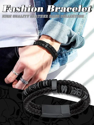 Vista 2 de Bestyle Pulseras de cuentas de acero inoxidable trenzadas de cuero genuino de alta calidad para hombres y niños, pulseras de moda para hombre