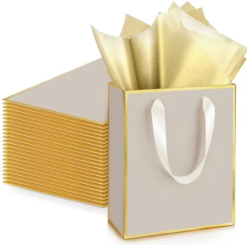 Vista 20 de Yeaqee Paquete de 24 bolsas de regalo de papel metálico con asa y tejido de 9 x 7 x 3.1 pulgadas, papel de aluminio dorado, bolsas de agradecimiento