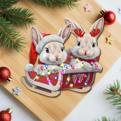 Vista 7 de Adornos de árbol de Navidad colgantes de conejo lindo con impresión en dos lados, madera, recuerdo para mujeres, hombres y amigos, adornos de árbol
