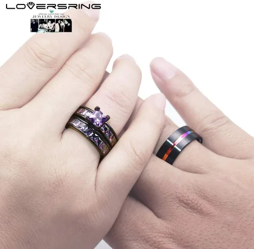 Vista 5 de LOVERSRING Juego de anillos de novia para mujer, chapado en oro negro con circonita cúbica para hombre, carburo de tungsteno, anillo de boda
