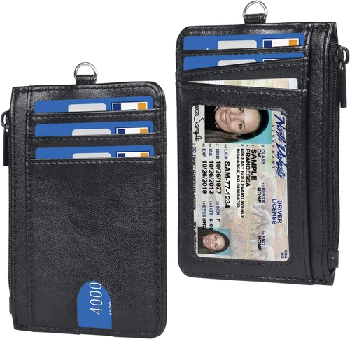 Vista 9 de Teskyer - Cartera minimalista delgada, soporte para tarjetas de crédito con bloqueo RFID, compartimento frontal de piel para documentos