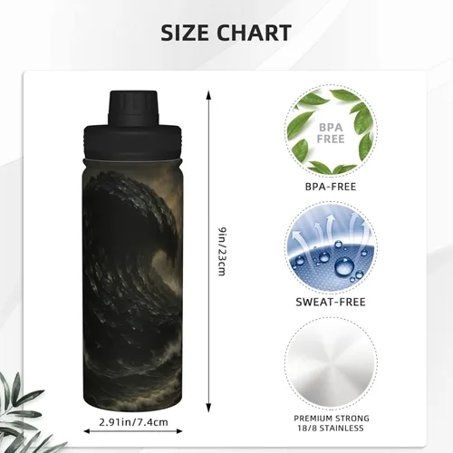 Vista 4 de Botella de agua aislada con estampado de tsunami de obsidiana, de acero inoxidable de 18 onzas, divertida taza de viaje, a prueba de fugas