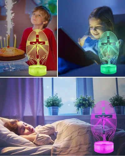 Vista 5 de Attivolife Cruz de Jesús 3D Luz Nocturna, Lámpara de Ilusión Óptica Holograma Cristiana con Control Remoto de 16 Colores Cambiantes, Lámpara LED