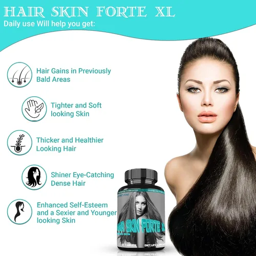 Vista 2 de Hair Skin Forte XL Complejo de crecimiento del cabello y la piel 10,000 mcg de biotina + péptidos de colágeno promueve un cabello más grueso, más