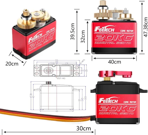 Vista 6 de FEETECH Servo motor de 44.1 lbs 7.4 V de alto voltaje impermeable de alto par RC servo servo de metal completo servo digital, caja de aluminio