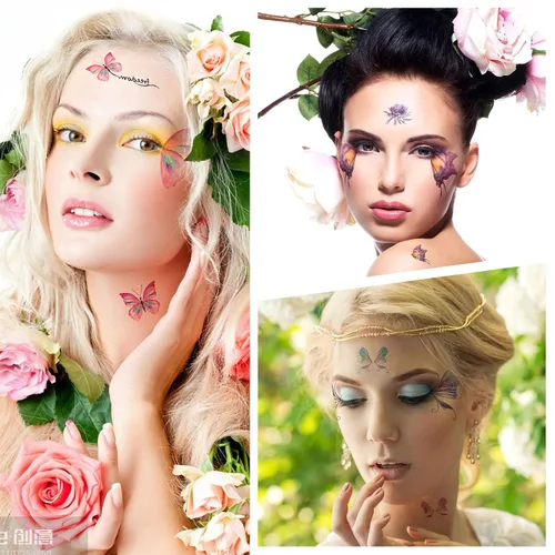Vista 7 de 14 hojas de tatuajes de mariposa con purpurina, calcomanías temporales, impermeables, mariposas, tatuajes, rostros, alas de purpurina, maquillaje