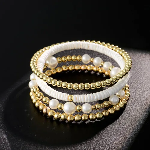 Vista 5 de Pulsera de cuentas de oro para mujer, apilable, chapada en perlas, juego de pulseras elásticas para mujer, a la moda
