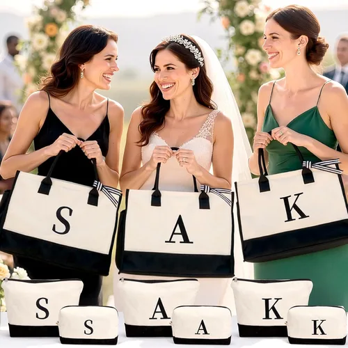 Vista 2 de mibasies 1 bolsa de lona con inicial bordada con 2 bolsas de maquillaje, regalos de cumpleaños para mujer