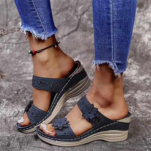 Vista 5 de Ladmiple Sandalias ortopédicas florales de moda 2023 con soporte de arco, zapatillas romanas casuales con puntera abierta