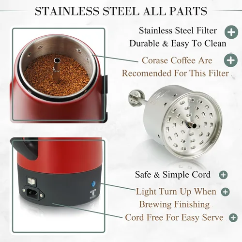 Vista 2 de Moss & Stone Percoladora de café eléctrica, cuerpo rojo con tapa de acero inoxidable, cafetera eléctrica percoladora, cafetera roja para campamento