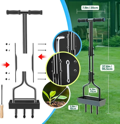 Vista 6 de Aireador manual de césped con bandeja de almacenamiento para herramientas de patio con núcleo de suelo, cuidado del césped con 3 dientes