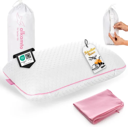 Vista 11 de alkamto Almohada de espuma viscoelástica de 27.5 x 18 pulgadas, almohada ergonómica de apoyo para el cuello, certificada Oeko-Tex, funda