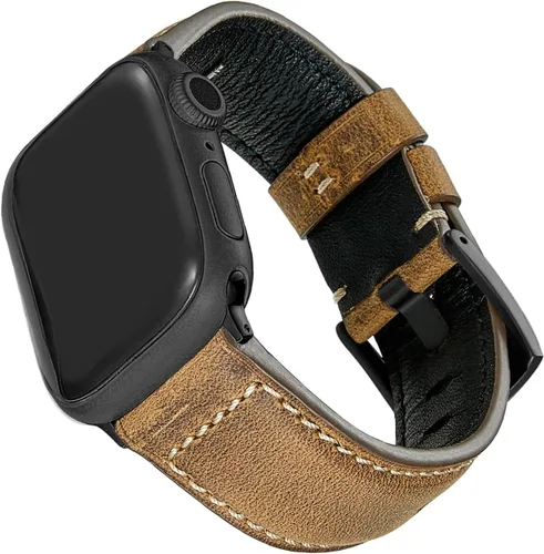Vista 5 de Genuine Leather Watch Band Compatible with Apple Watch,Italian Cowhide,Retro Style,Black Buckle,Golden Brown and Chestnut Brown,38/40/41mm and