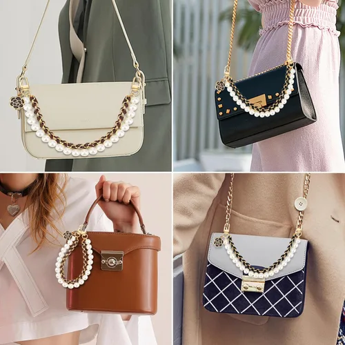 Vista 4 de 2 piezas de cadenas extensoras para bolsos de metal negro con perlas, dobles extensores de correa para bolsos, para bolsos de mano y bandolera