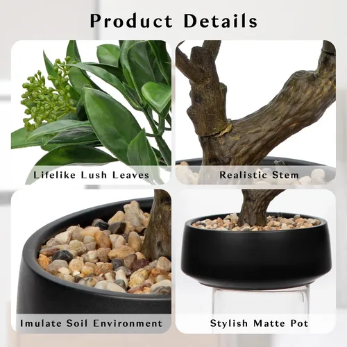 Vista 2 de Árbol Bonsái Artificial, Pequeño Árbol Bonsái de Laurel de Bahía de 13" Árbol Bonsái de Interior Planta Falsa en Maceta Planta Decorativa Falsa