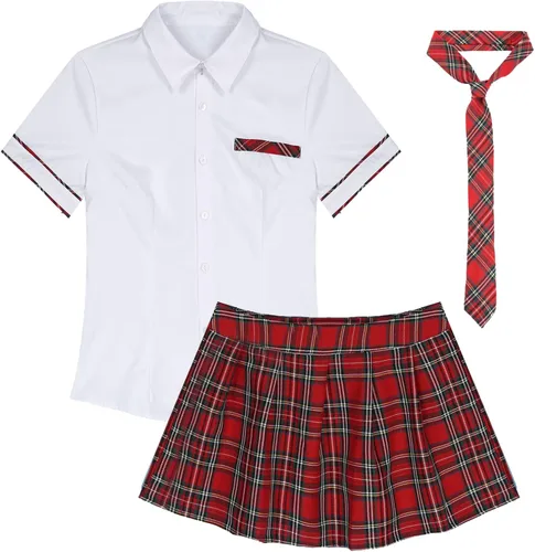 Vista 6 de Fldy Conjunto de uniforme de colegialas para mujer camisa de cosplay con mini falda a cuadros disfraz de estudiante