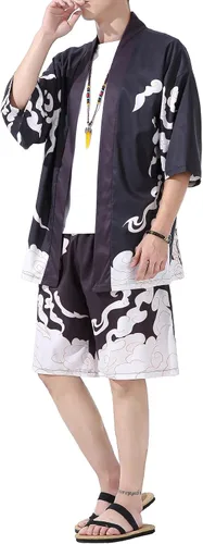 Vista 3 de PRIJOUHE Conjunto de kimono de estilo japonés para hombre, ligero, casual, con siete mangas, frente abierto, cárdigan y pantalones cortos