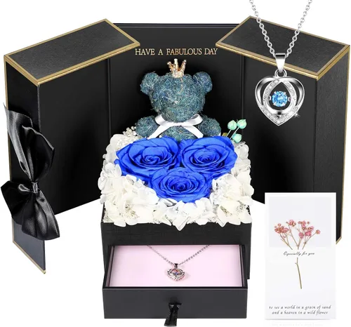 Vista 10 de AddWel Regalos de rosas para mujer, rosas azules reales preservadas con collar I Love You en 100 idiomas y lindo oso de musgo para novia, esposa