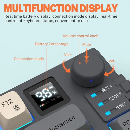 Vista 5 de 75 % Combo de Teclado y Mouse para Juegos Inalámbrico, Modo Tri BT5.0/2.4GHz/USB-C, Teclado Retroiluminado RGB + Ratón 3D 1600DPI, Batería 2000mAh