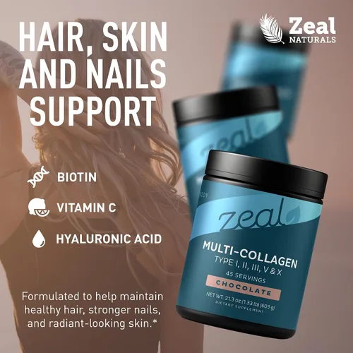 Vista 3 de Zeal Naturals Péptidos de proteína de colágeno múltiple en polvo tipo I II III V X - Vitamina C, biotina y ácido hialurónico - cabello, piel y uñas