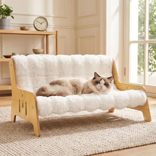 Vista 10 de Sofá cama elevada para gatos, sofá esponjoso para gatos, muebles de madera