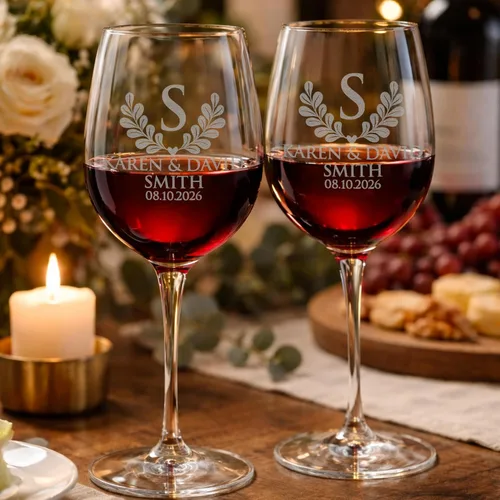 Vista 3 de Juego de 2 copas de vino personalizadas con monograma, 20 onzas (diseño 5, copa de vino)