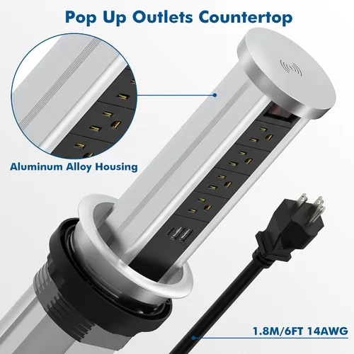 Vista 5 de BTU Toma de corriente desplegable para encimera, receptáculo con USB C y 4 salidas de CA, toma de corriente empotrada con cargador inalámbrico de 10