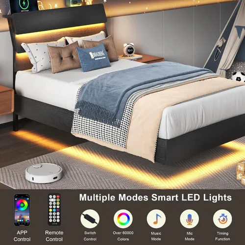Vista 3 de Feonase Base de cama flotante individual con luces LED y estación de carga, marco de cama de madera tamaño individual con cabecera
