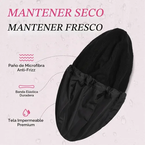 Vista 2 de Gorro de ducha para mujer, gorro de baño negro, reversible, grande, impermeable, ajustable, forro de rizo y banda elástica, dobladillo elástico