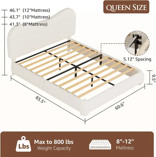 Vista 2 de Kelway - Base de cama tamaño Queen Boucle tapizada con cabecera curvada ajustable, no necesita somier, color beige