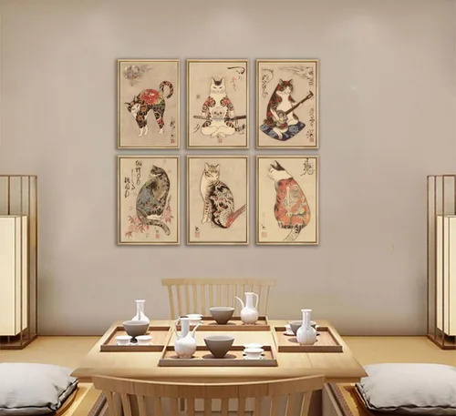 Vista 5 de 6 piezas de arte de pared de gato samurái japonés de carteles de decoración de bushido de Japón, pinturas de Kung Fu tatuajes divertidos de fantasía