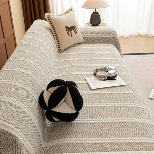 Vista 3 de HANDONTIME Chevron Pattern Couch Cover Vertical Striped Jacquard Sofa Cover Modern Minimalist, Khaki and White, Sofa Covers Washable, Pet Friendly