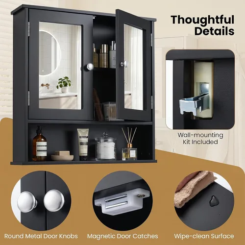 Vista 8 de GLACER - Armario de pared de baño moderno con espejo y estante ajustable Negro