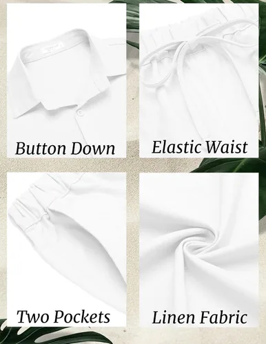 Vista 5 de COOFANDY Men's Linen Set Beach 2 Pieces Casual Outfits Button Up Shirts Drawstring Pants