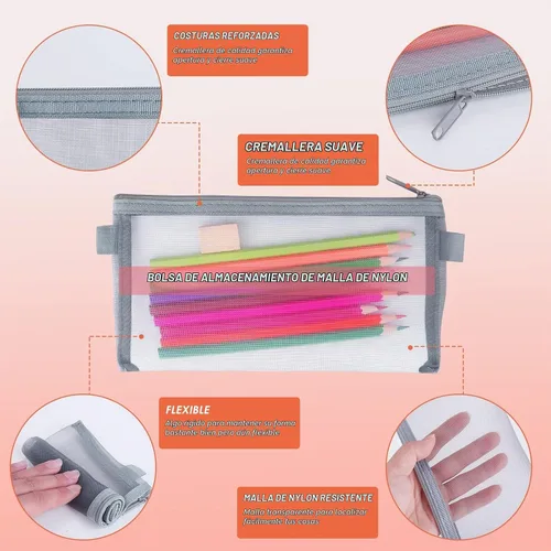 Vista 3 de THINP Estuche para lápices de 3 piezas, bolsas de maquillaje transparentes, bolsa de malla de nailon para bolígrafos con cremallera, bolsa
