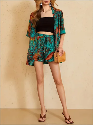 Vista 5 de MakeMeChic conjunto de 2 piezas para mujer estilo boho, blusa kimono tropical con frente abierto y pantalones cortos