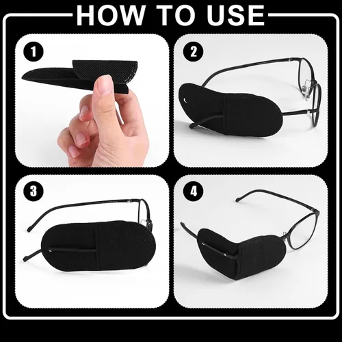 Vista 4 de 12 parches para ojos, parches para ojos de gran tamaño, reutilizables, no tejidos, para adultos y niños, ojo perezoso, ambliopía, estrabismo (negro)