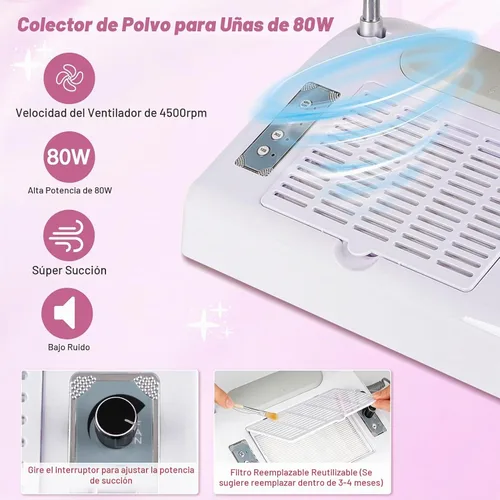 Vista 4 de Biutee Colector de polvo de uñas 5 en 1, taladro de 30000 RPM y lámpara LED