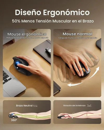 Vista 4 de ProtoArc Ratón inalámbrico Bluetooth Trackball, EM02 de dos ángulos ajustables, ergonómico recargable, conexión de 3 dispositivos, control de pulgar
