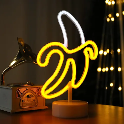 Vista 3 de Letrero de neón de plátano, luz LED WIOSOUL Banana con base para decoración de mesa, lámpara LED USB / batería alimentada por batería para hombre