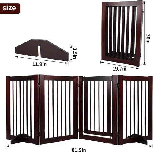 Vista 2 de Puerta de madera independiente para mascotas, puerta para mascotas para perros, valla de madera de 4 paneles de 29.5 pulgadas con 2 soportes, puerta